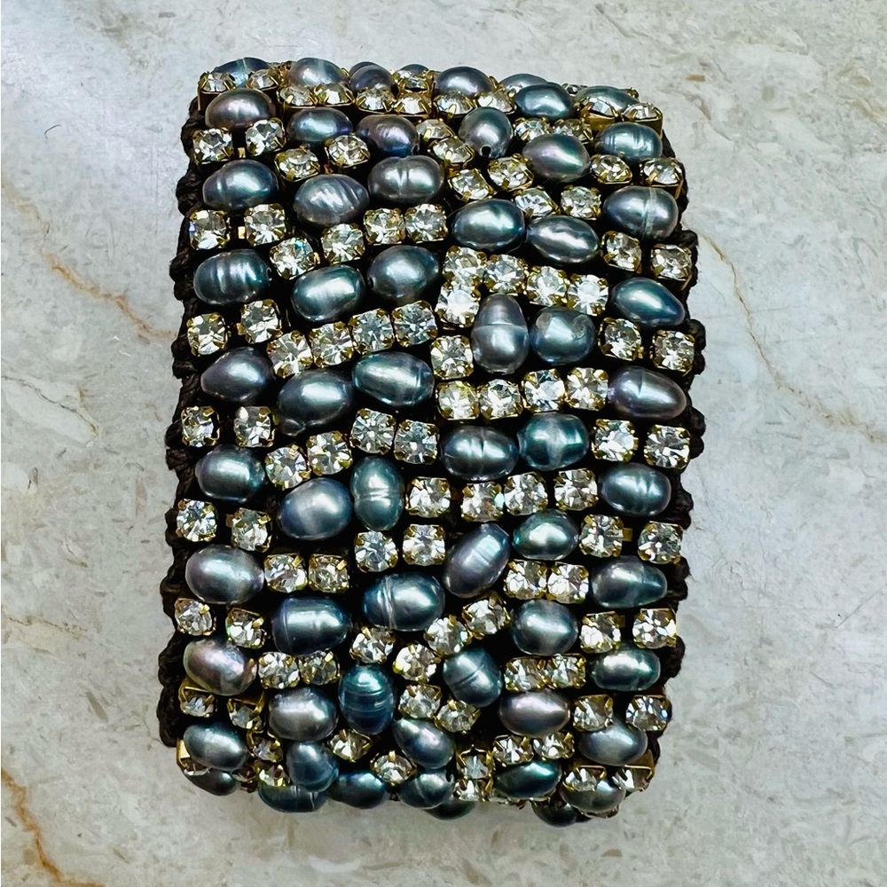 Gorgeous Freshwater Pearl and Rhinestone Cuff Bracelet